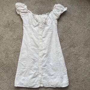 O.P.T Women's White Cotton Babydoll Milkmaid Eyelet Summer Dress Small Romantic